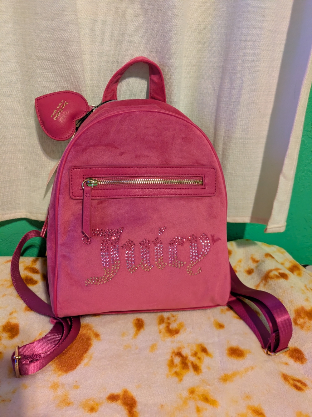 Juicy Couture Raspberry Tart Velvet Rhinestone Logo Small Backpack - Picture 2 of 14
